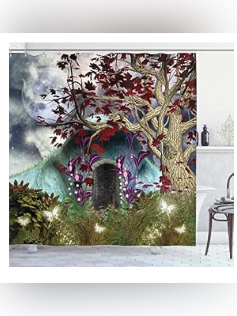Shower curtain red Mystical magical tree cabin woods nature NEW NWT